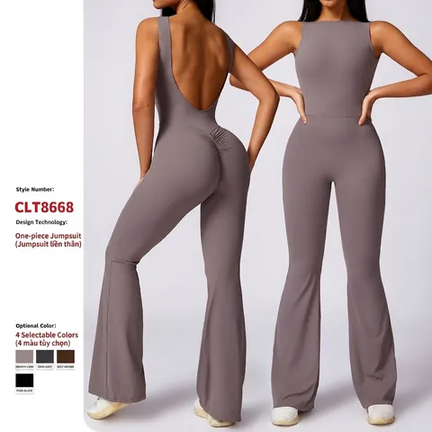 Women Sleeveless Backless Yoga Jumpsuit Flare Leg Nylon Spandex Butt Lifting Ruched Gym Athletic Bodysuit