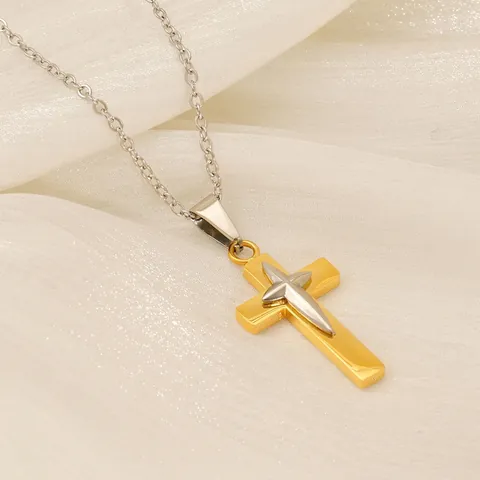 Kreuz Anhänger Halskette Zweifarbig 18K Vergoldet Edelstahl Doppelschichtig Hip Hop Mode Schmuck Für Herren Damen