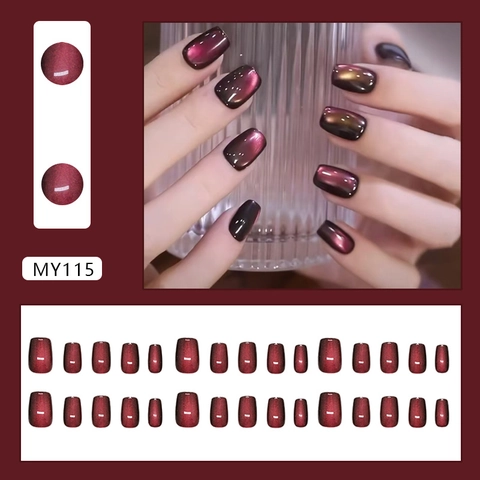 Faux Ongles Press On Courts Squoval Œil De Chat Magnétique Miroir Élégant Rouge Pourpre Amovibles Pour Femmes