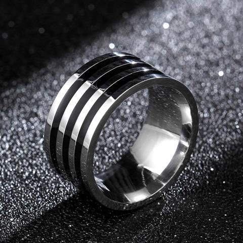 Men Ring Wide 316L Stainless Steel Polished Band With Triple Black Stripes Industrial Simple Style Jewelry