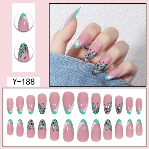 Unghie Finte A Mandorla Con Farfalla E Glitter Francesi Rosa Verde Bianco Lunghe Lucide