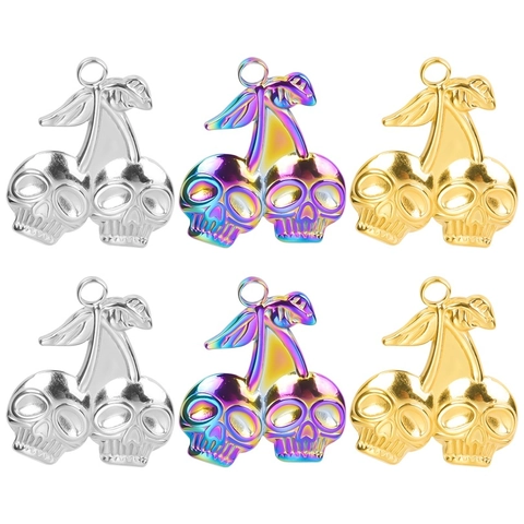 Gothic Schedel Kers Hanger Halsketting Voor Dames Heren Roestvrij Staal Schedel Kers Charme Sieraden Goud Regenboog Zilver Plated