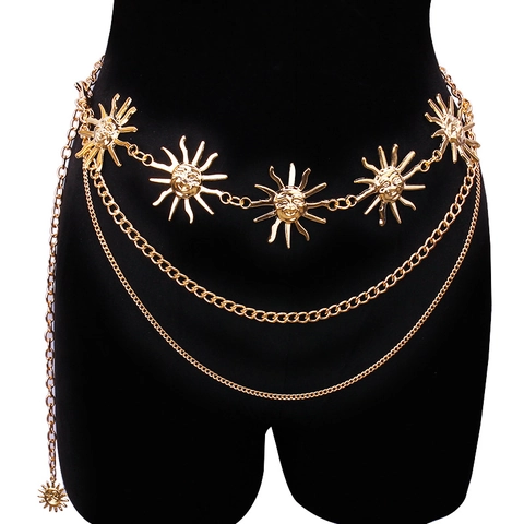 Women Multi Layer Waist Chain Gold Silver Plated Zinc Alloy Sun Moon Star Butterfly Pearl Pendant Body Chain Belt Jewelry