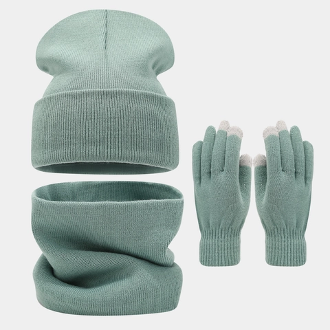 Gorro De Punto Invierno Calentador De Cuello Y Guantes Táctiles Térmico Exterior Color Sólido Para Mujer Hombre
