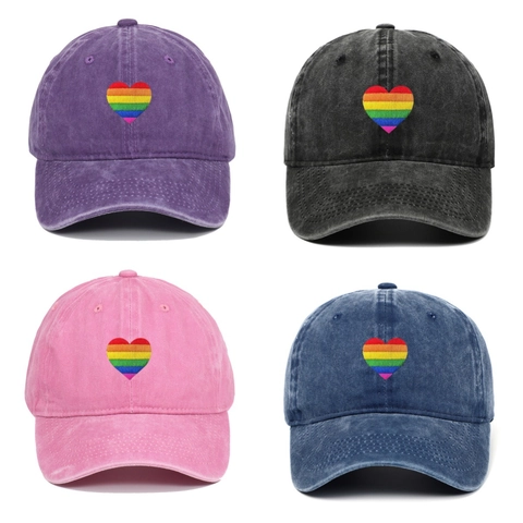 Casquette De Baseball En Coton Lavé Broderie Coeur Arc-En-Ciel Vintage Délavé Chapeau Soleil Ajustable Décontracté Unisexe