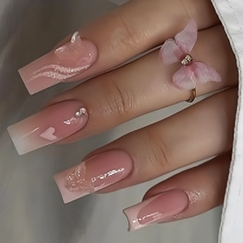 Long Square Press On Nails Pink Ombre French Tip 3D Butterfly Rhinestone Heart Artificial Fake Nails