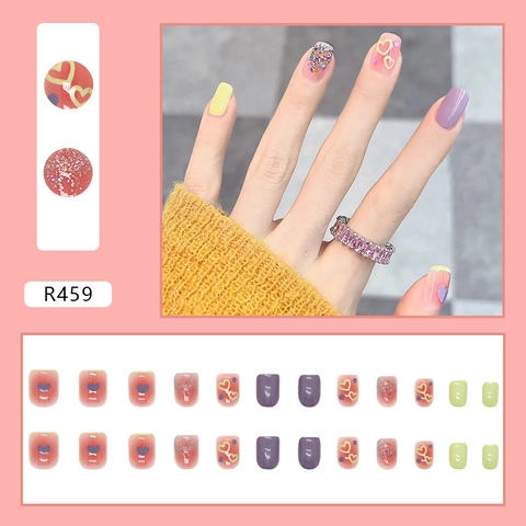 Unghie Finte A Pressione Colorate Con Motivi A Cuore Glitter Unghie Artificiali Rimovibili Per L'estate Lucide