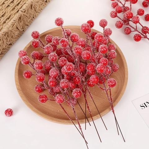 Künstliche Weihnachtsbeeren Rot Frost Beerenstiele Stechpalme Zweige Für DIY Blumengestecke Neujahr Heimdekoration