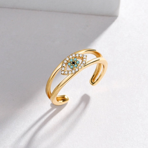 Bohemian Copper Evil Eye Open Ring Gold Silver Plated Zircon Adjustable Finger Ring Fashion Jewelry For Women Gift