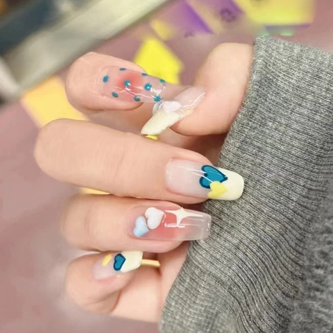 Unghie Finte Lunghe Coffin Press On Cuore 3D Stella Gradiente French Tip Plastica ABS Stile Dolce Carino Y2K Rimovibili