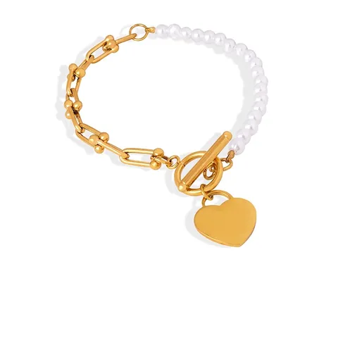 Titanium Steel Heart Pendant Bracelet For Women Retro Fashion Jewelry With Artificial Pearl Splicing Chain And OT Buckle