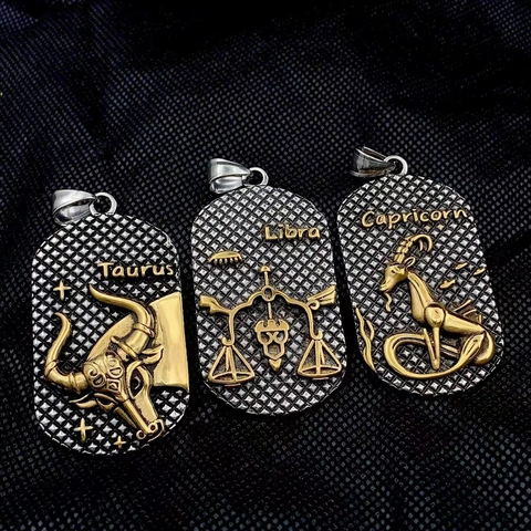 Edelstahl Tierkreiszeichen Sternbild Dog Tag Anhänger Halskette Vintage Gold Silber Geprägt Hip Hop Schmuck Für Herren