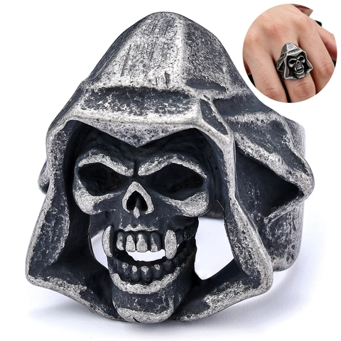 Gothic Hooded Skull Ring Stainless Steel Distressed Retro Biker Punk Hip Hop Finger Ring For Men Women