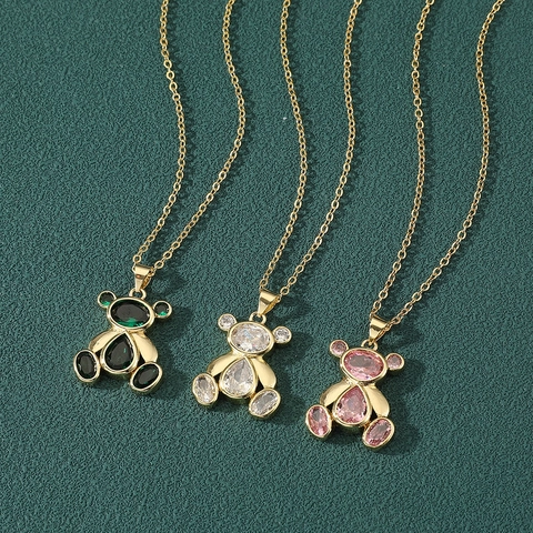 Squisita Collana Con Ciondolo a Orso in Zirconia Rame Per Donna Placcata in Oro Forma Animale Dolce Catena Clavicola Gioielli