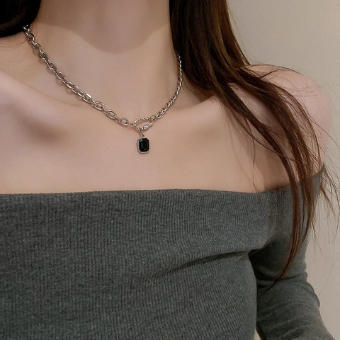 Collana Con Pendente Quadrato Nero Acciaio Inossidabile Strass Catena Clavicola Geometrica Gioielli Minimalisti Eleganti Da Donna