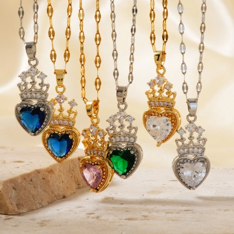 Elegante Roestvrijstalen Kroon Hart Hanger Ketting met Strass Clavicle Ketting voor Dames Mode Sieraden Cadeau