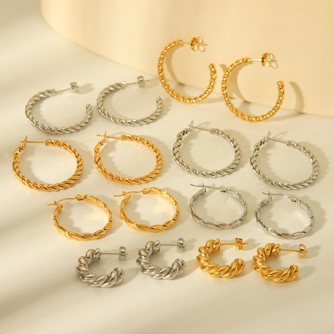 Exquisitos Pendientes De Aro Retorcidos De Acero Inoxidable Chapado Al Vacío Espiral Forma C Para Mujer Estilo Ins