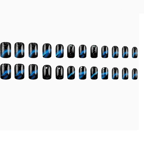Starry Sky Galaxy Press On Nails Blue Gradient Glossy Square Artificial Nails For Women Manicure Art Decor