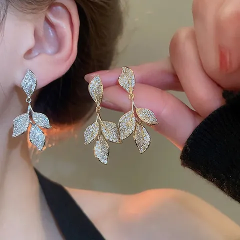 Boucles Oreilles Pendantes Feuille Avec Incrustation Zircon Base Cuivre Et Tige Argent Sterling 925 Style Vintage Français