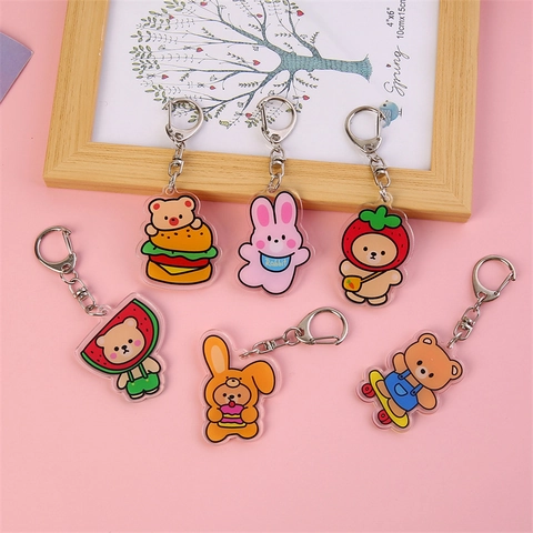 Porte-Clés En Acrylique Dessin Animé Mignon Double Face Transparent Animal Ours Lapin Chat Pour Décoration Sac Kawaii Cadeau
