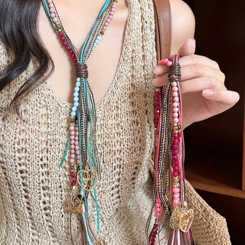 Bohemian Multi Layer Beaded Necklace Acrylic Crystal Alloy Pendants Faux Leather Tassels Vintage Ethnic Jewelry