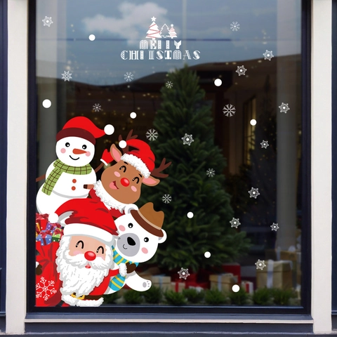 Christmas Window Stickers PVC Static Cling Double Sided Santa Claus Snowman Reindeer Glass Door Decals Xmas Decoration