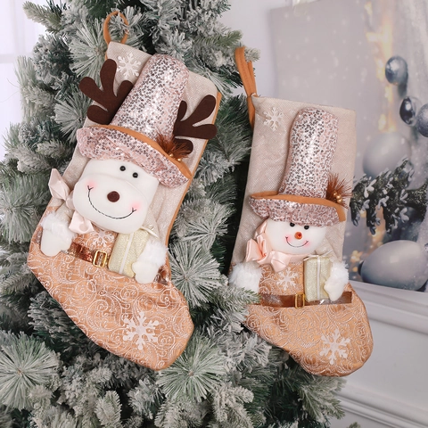Weihnachtsstrümpfe Geschenkbeutel Pailletten Plüsch Stoff Hängende Dekoration Weihnachtsmann Schneemann Rentier Cartoon Luxus