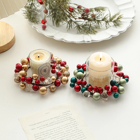 Christmas Candle Ring Wreath Plastic Beads Iron Wire Decorative Desktop Candle Holder For Holiday Party Home Decor