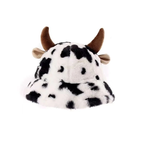Cow Print Plush Bucket Hat With Horns And Ears Thick Warm Faux Fur Fisherman Cap For Winter Outdoor