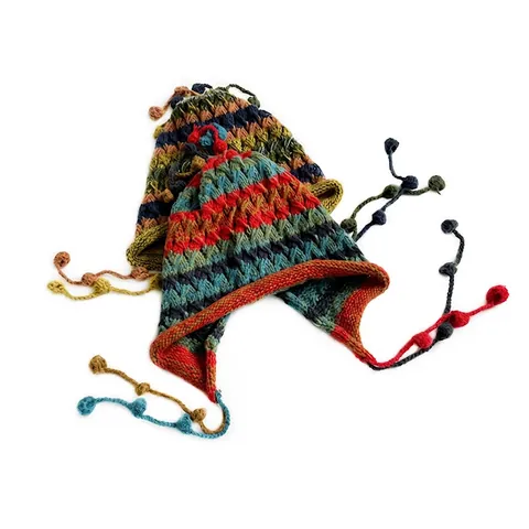 Bohemian Knit Beanie Hat For Women Men Winter Warm Ear Protection Stripe Pom Pom Tassel Handmade Crochet Cap Ethnic Style