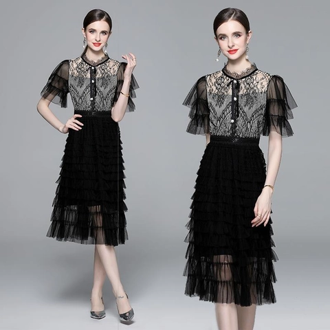 Elegantes Schwarzes Midi Kleid Mit Spitzen Mesh Patchwork Stehkragen Schleife Stufenrock Hohe Taille Chic Kleid