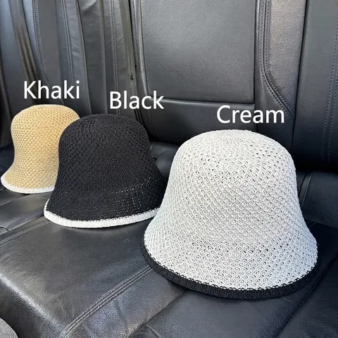 Cappello Bucket Da Donna In Maglia Uncinetto Traforato Misto Cotone Traspirante Pieghevole Bordo A Contrasto Sole Casual