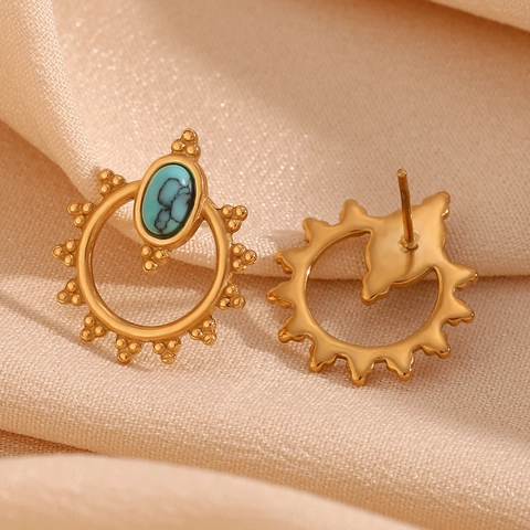 Vintage Bohemian Stainless Steel Stud Earrings Gold Plated Oval Turquoise Stone Sun Flower Geometric Jewelry For Women