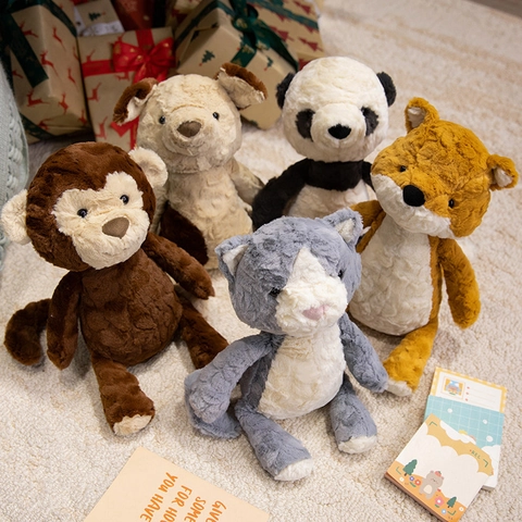 Cute Animal Plush Stuffed Toy Soft Curly Fabric Weighted Base Sitting Fox Monkey Panda Cat Dog Comfort Doll Gift
