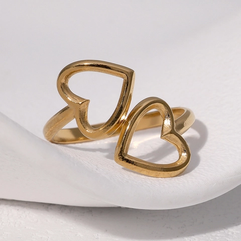 Anillo Abierto Ajustable De Acero Inoxidable Con Doble Corazón Para Mujer Joya De Lujo Minimalista Bañado En Oro 18K Moda