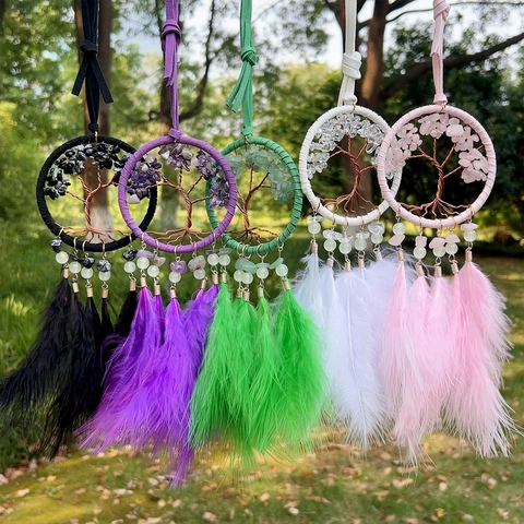 Tree Of Life Dreamcatcher Luminous Natural Crystal Stone Chips Hanging Ornament With Feathers For Home Car Decor Bohemian Style