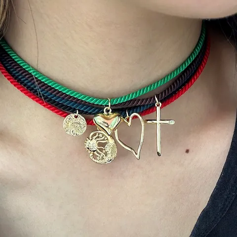 18K Gold Plated Copper Colorful Braided Rope Necklace Zirconia Heart Sun Evil Eye Pendant Choker Dopamine Jewelry For Women