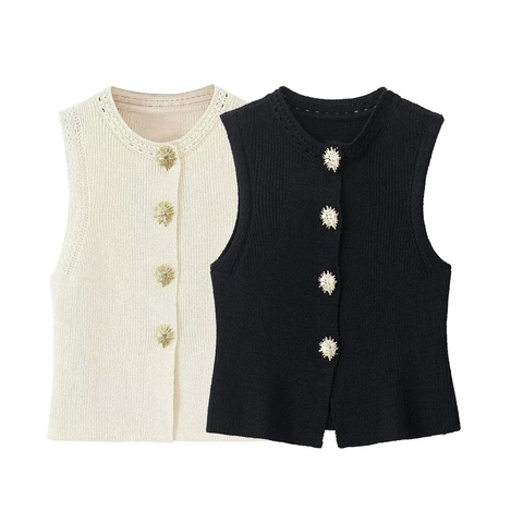 Women Elegant Knit Vest Cardigan Sleeveless Top With Gold Flower Buttons And Hollow Lace Trim Vintage Casual Ribbed