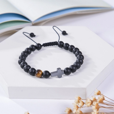 Handmade Natural Tiger Eye Matte Stone Beaded Bracelet With Metal Cross Pendant Adjustable Gift Card Religious