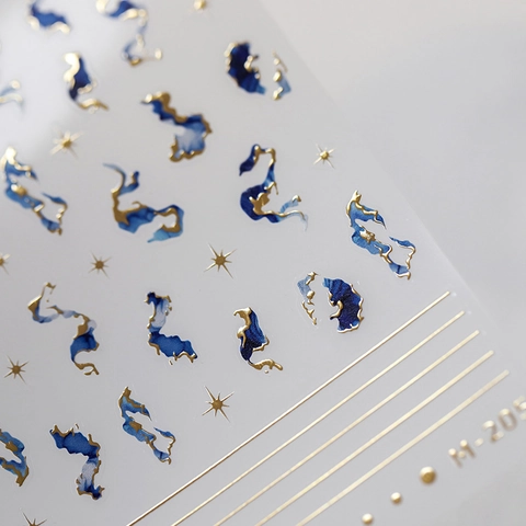 5D Nail Art Stickers Blue Marble Ink Wash Gold Foil Relief Star Celestial Design Self Adhesive Manicure Decals