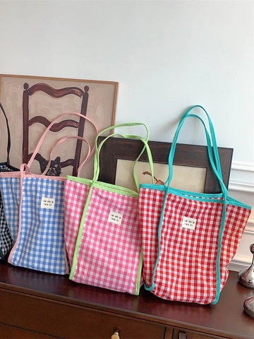 Bolso Tote De Lona Mujer Patrón De Cuadros Gingham Gran Capacidad Color De Contraste Bolso De Hombro Estilo Coreano