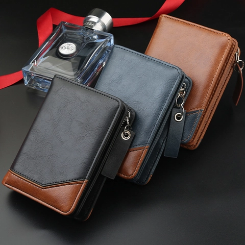 Herren Kurze Bifold Geldbörse PU Leder Vintage Patchwork Kartenfächer Reißverschluss Münzfach Business Casual