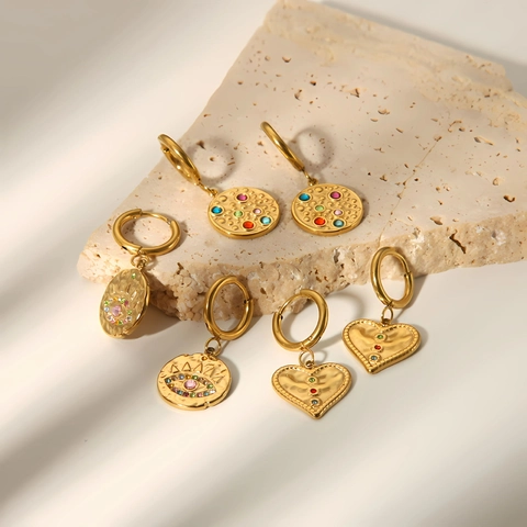 Orecchini A Cerchio Martellati Cuore Malocchio Acciaio Inossidabile Placcato Oro 18K Con Zirconi Colorati Donna