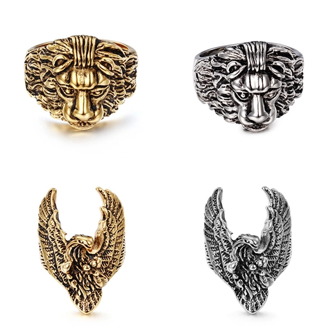 Lion Head Eagle Men Rings Stainless Steel Animal Relief Hip Hop Punk Retro Jewelry Vintage Biker Style Band