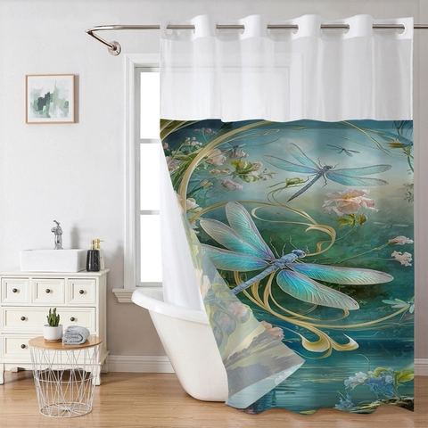 Rideau De Douche Imperméable Polyester Gaufré Sans Crochet Doublure Amovible Fond Magnétique Imprimé Floral Animaux