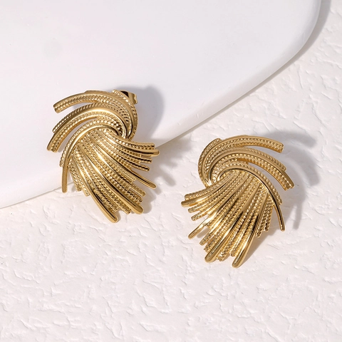 Vintage Abstract Fan Stud Earrings Stainless Steel Irregular Geometric Woven Design High End Fashion Jewelry For Women