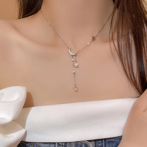 Collar de Colgante de Luna y Estrella de Acero de Titanio Minimalista para Mujer Gargantilla de Borla de Perla Artificial Plata