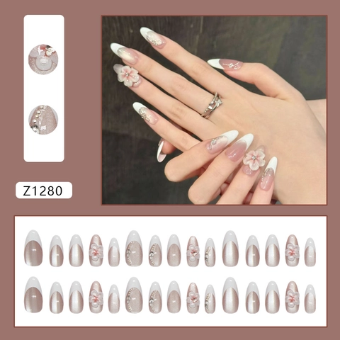 3D Blume Katzenauge Künstliche Nägel ABS Kunststoff Französische Spitze Mandelform Künstliche Perle Strass Elegant Süß Damen