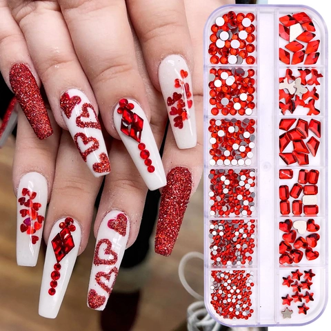 Nail Art Rhinestones Mixed Shapes Flatback Crystals Manicure Decoration DIY Shiny AB Colorful Glass Stones Organizer Box