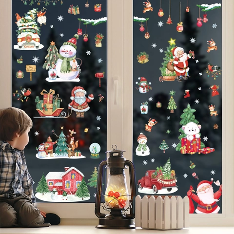 Christmas Window Stickers Santa Claus Reindeer Snowman Static Cling PVC Holiday Glass Decoration